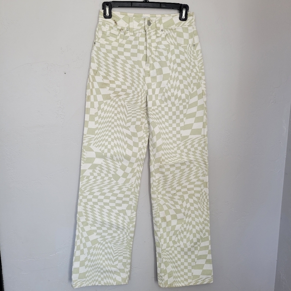 RSQ Women's 25" Sage Green White Funky Print Wide Leg Jeans Denim Hippie Boho